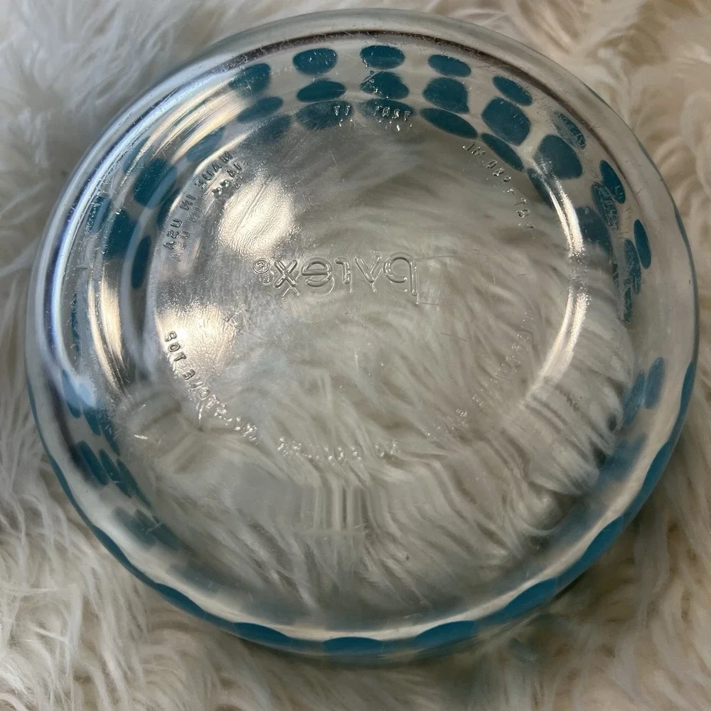 Pyrex 4 Cup Glass Storage Bowl Teal Blue Polka Dot Dotty Clear Round Made in USA